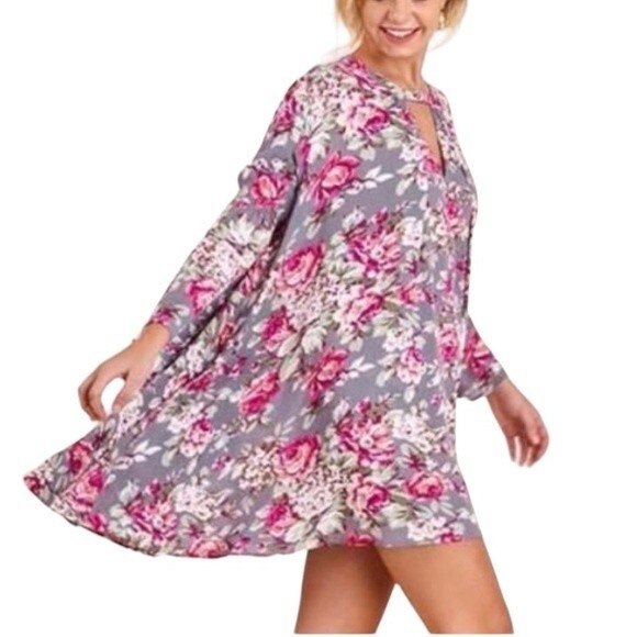Umgee Floral Key Hole 3/4 Bell Sleeve Flowy Mini Swing Dress Trapeze Cut Guaze - Picture 16 of 16